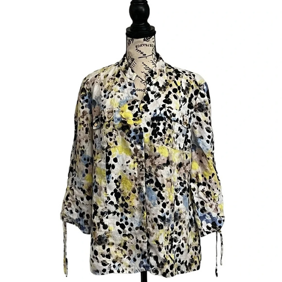 Linen Button Up 3/4 Sleeve Leopard Woven Shacket Blouse 1X Relaxed Boho Modest - Picture 1 of 8